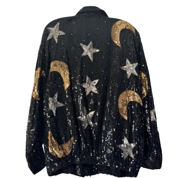 Vintage Modi Black 100% Silk Sequin Full Zip Up Jacket Moon & Star, Size 6-8 - Picture 2 of 7